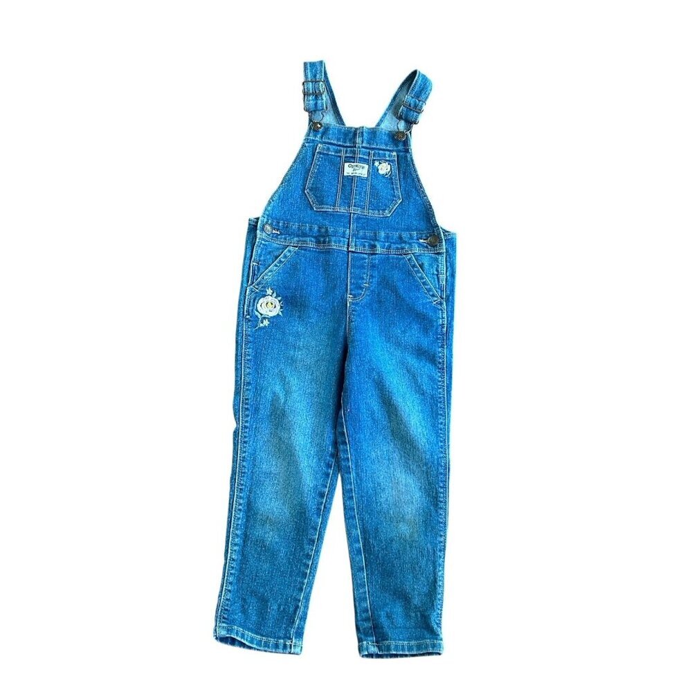 Oshkosh B'gosh Overalls 4T Toddlers Blue Denim Adjustable Floral Embroidery